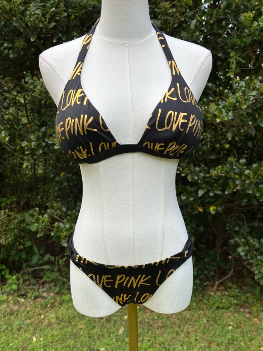 SOLD Y2K Vintage PINK Victoria's Secret Black and Gold Love PINK Bikini Set XS
